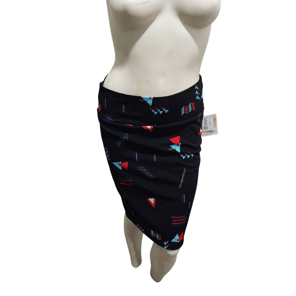 LuLaRoe Cassie Skirt L Black Geometric Print Pencil Stretch Knee Length